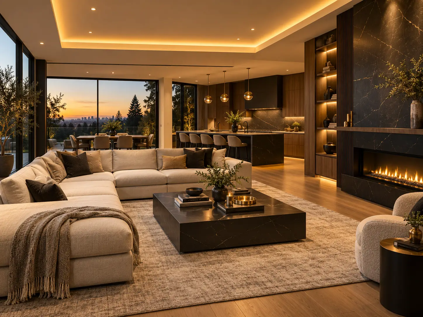 Luxury remodeled living space with warm lighting, custom finishes, and open-concept interior design