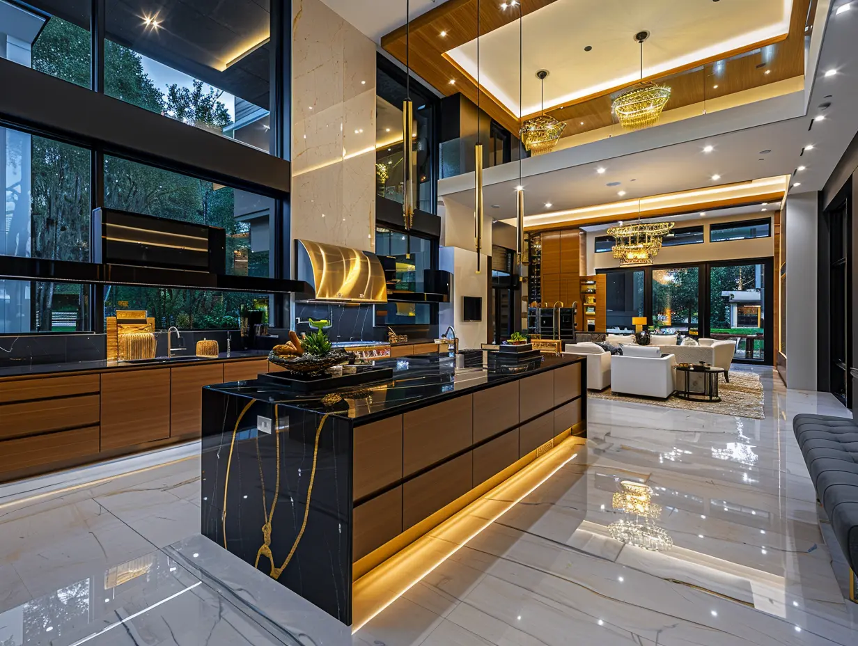 Luxury open-concept remodeled interior with warm lighting, custom finishes, and a modern kitchen and living space
